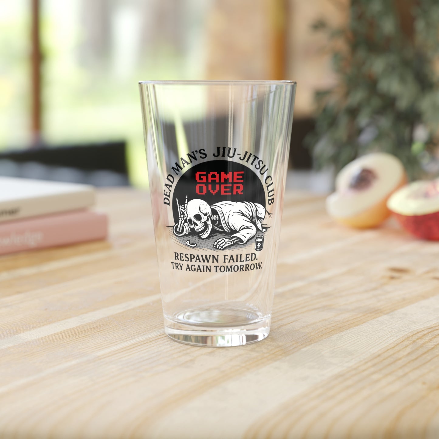 Dead Mans Jiu Jitsu Club Pint Glass / Game Over | Funny BJJ Skeleton Design, Jiu Jitsu Themed Pint Glass, Game Over Skull Drinkware