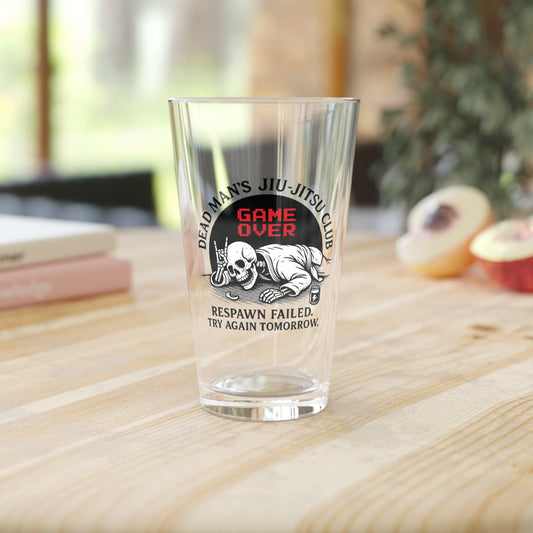 Dead Mans Jiu Jitsu Club Pint Glass / Game Over | Funny BJJ Skeleton Design, Jiu Jitsu Themed Pint Glass, Game Over Skull Drinkware