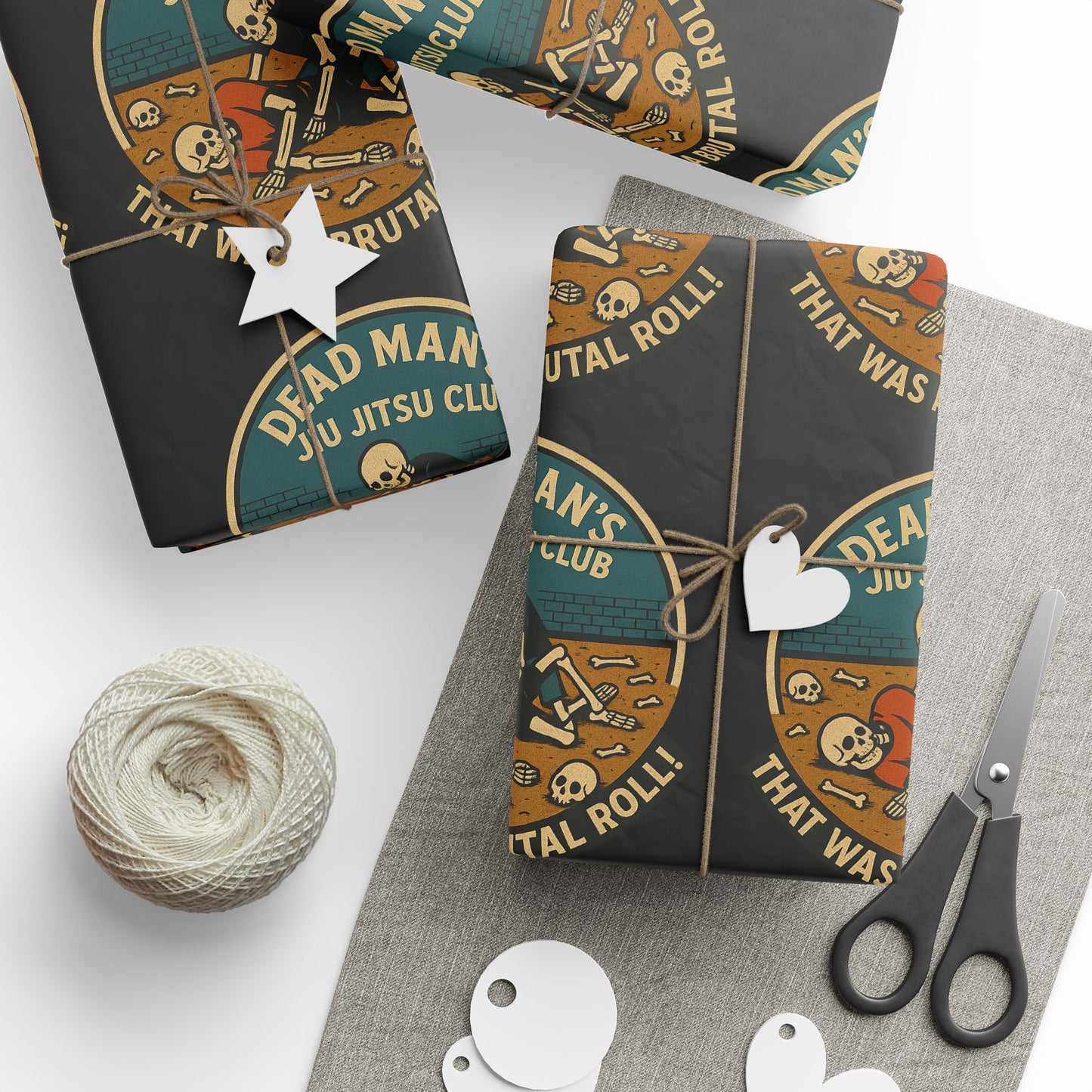 Dead Mans Jiu Jitsu Club Wrapping Paper / Black That Was a Brutal Roll Skeleton BJJ Gift Wrap | Funny Martial Arts Paper