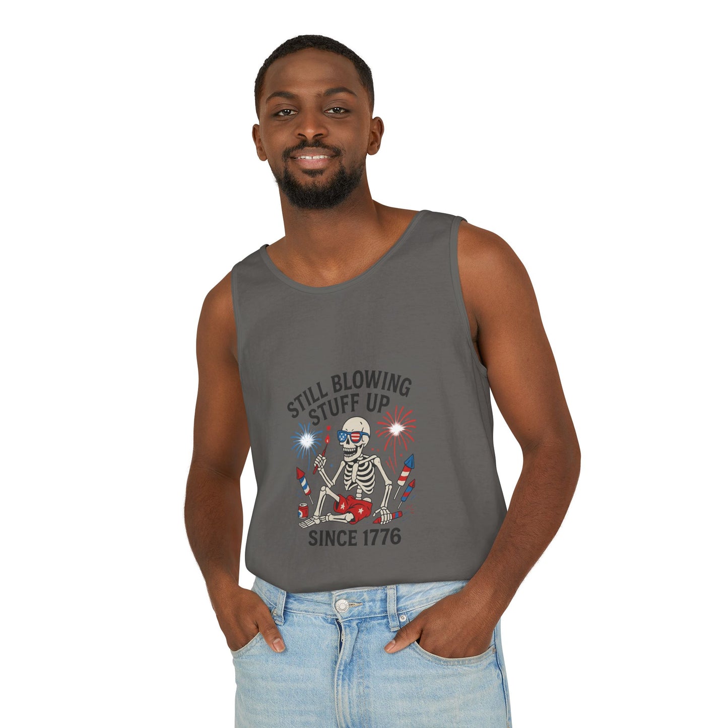 Unisex Still Blowing Stuff Up Since 1776 Tank Top Patriotic Skeleton Fireworks Design
