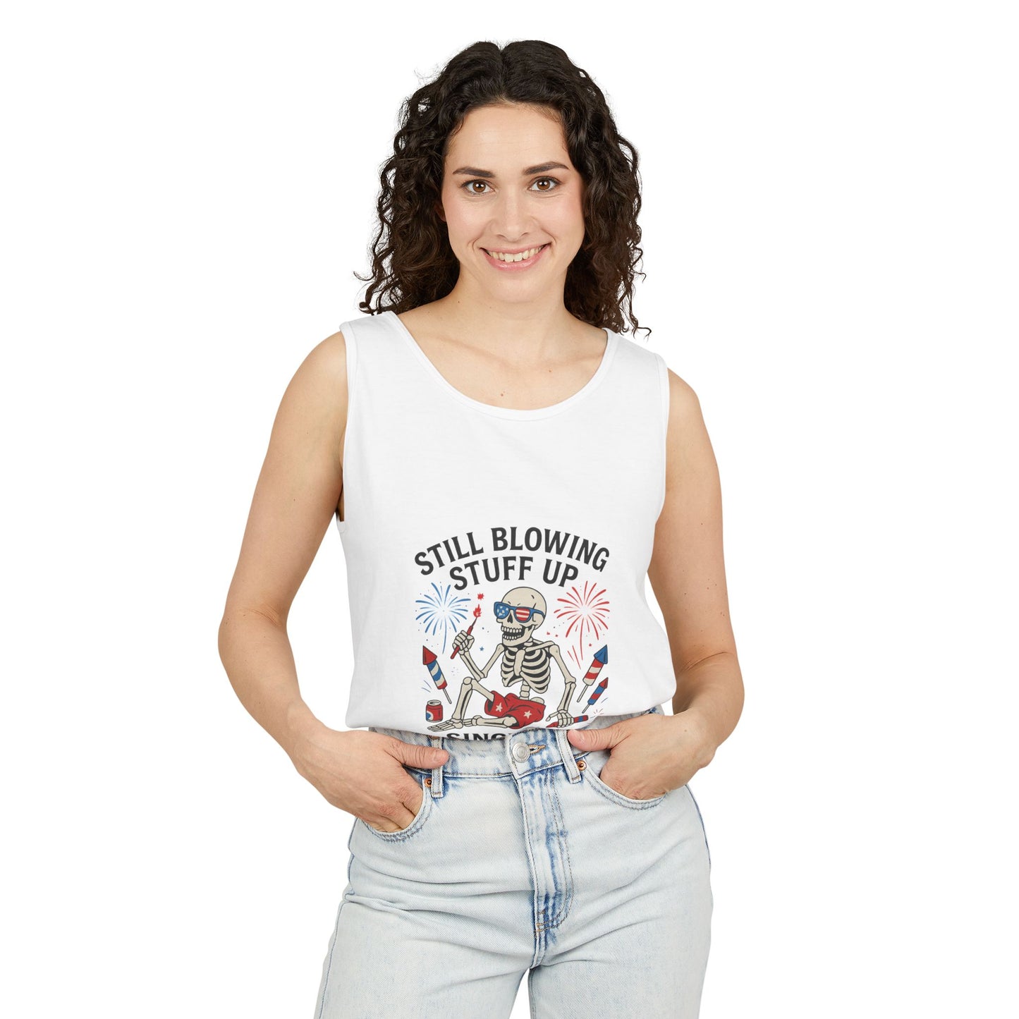 Unisex Still Blowing Stuff Up Since 1776 Tank Top Patriotic Skeleton Fireworks Design