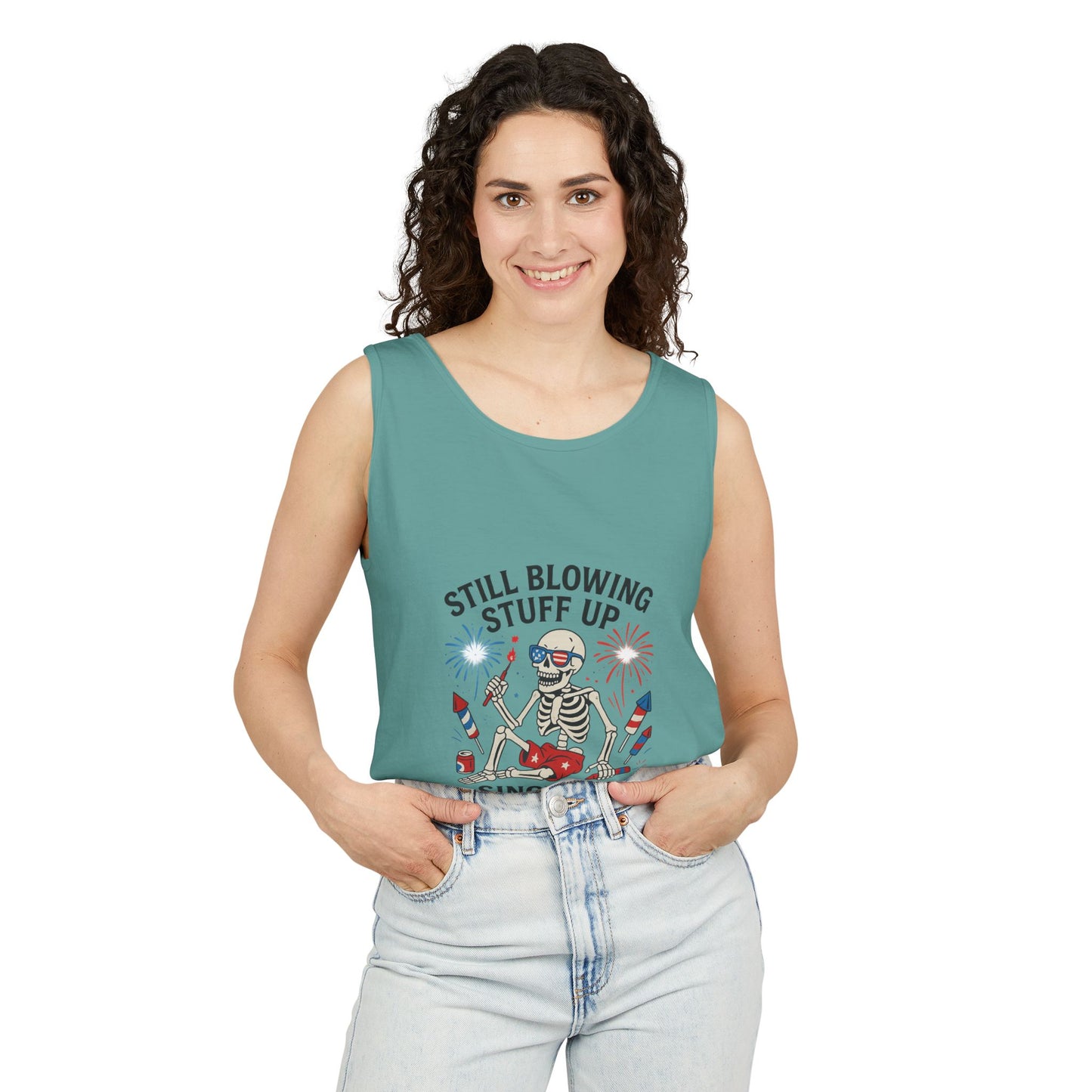Unisex Still Blowing Stuff Up Since 1776 Tank Top Patriotic Skeleton Fireworks Design