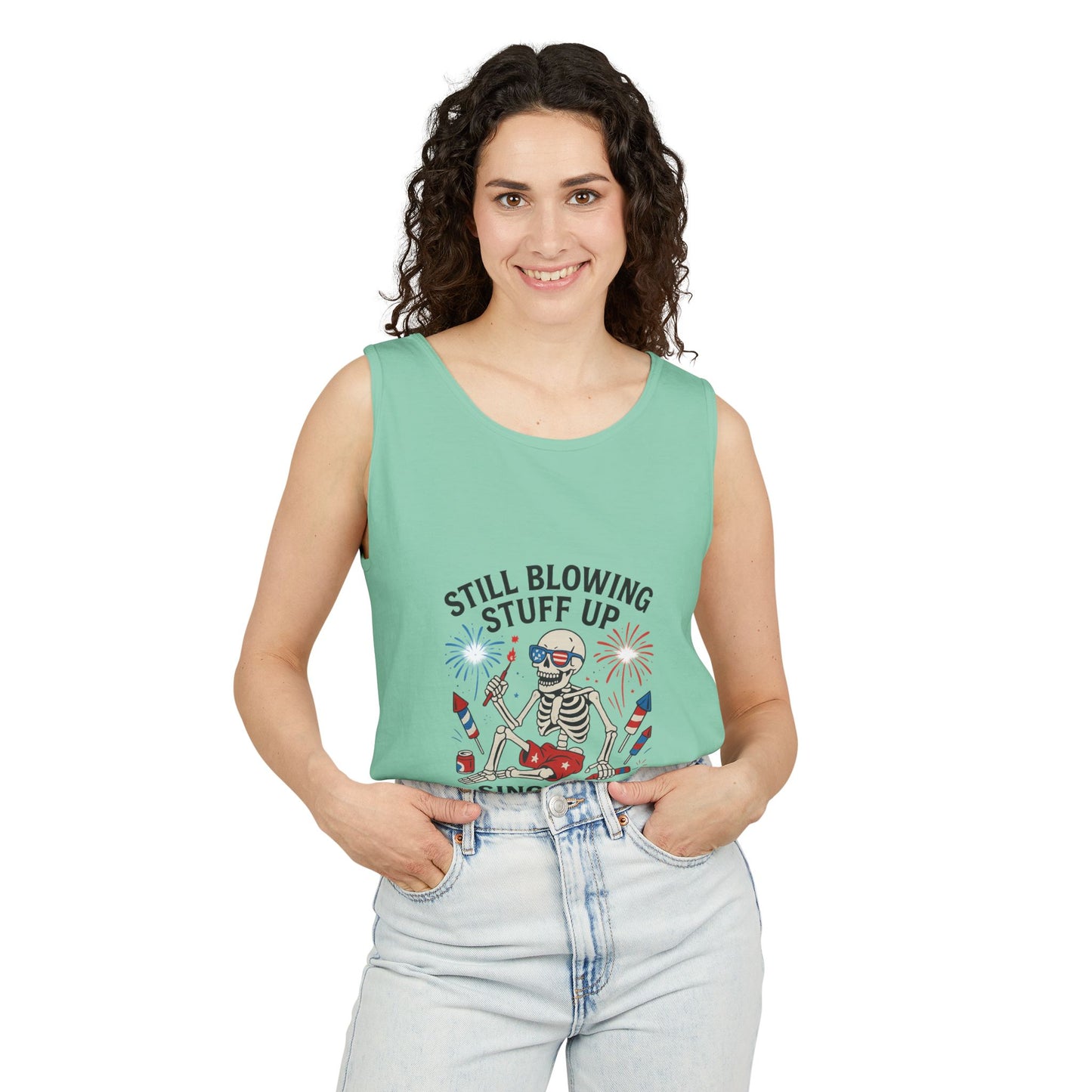 Unisex Still Blowing Stuff Up Since 1776 Tank Top Patriotic Skeleton Fireworks Design