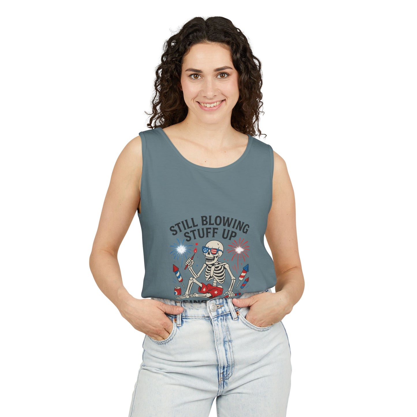 Unisex Still Blowing Stuff Up Since 1776 Tank Top Patriotic Skeleton Fireworks Design
