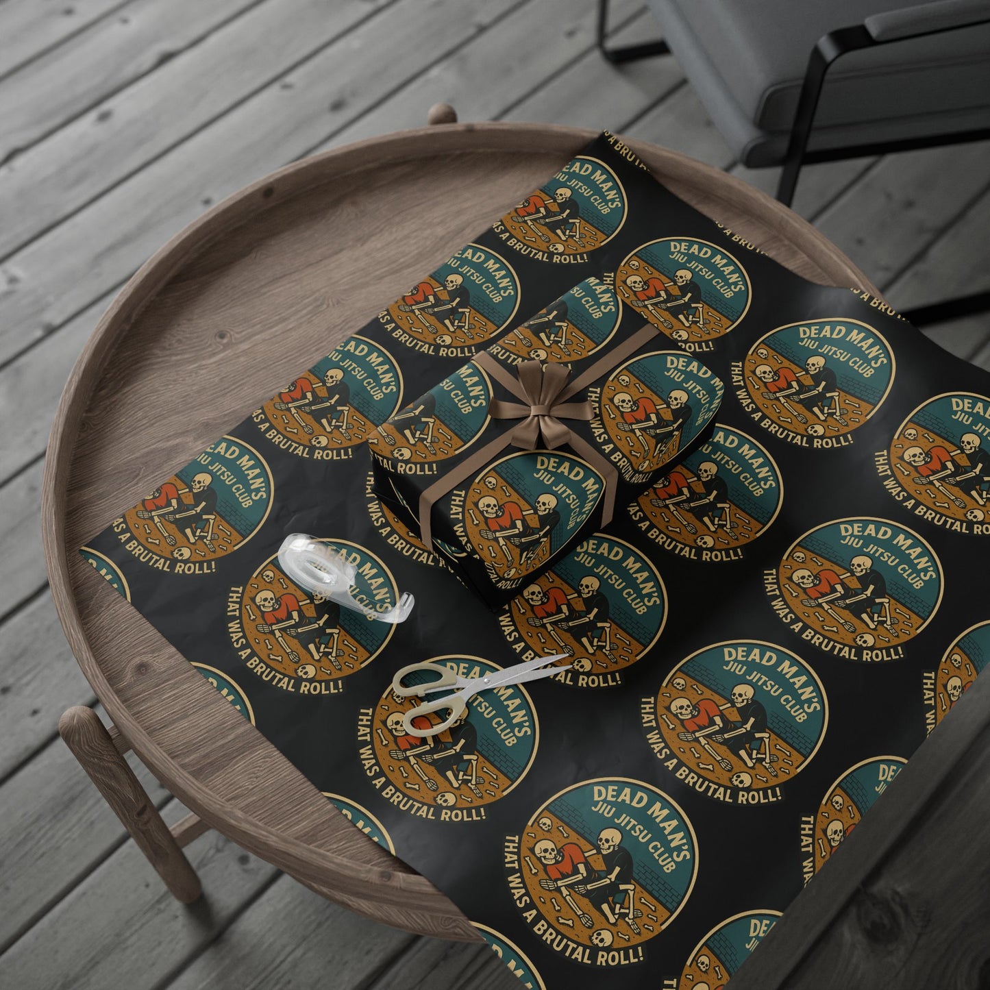 Dead Mans Jiu Jitsu Club Wrapping Paper / Black That Was a Brutal Roll Skeleton BJJ Gift Wrap | Funny Martial Arts Paper