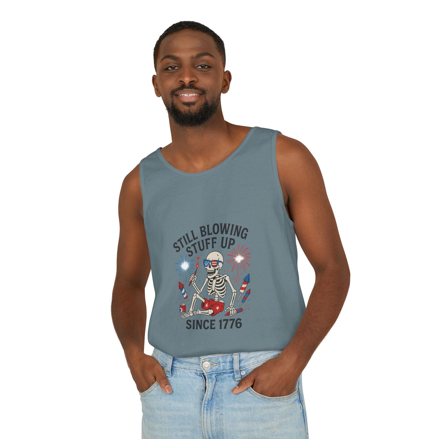 Unisex Still Blowing Stuff Up Since 1776 Tank Top Patriotic Skeleton Fireworks Design