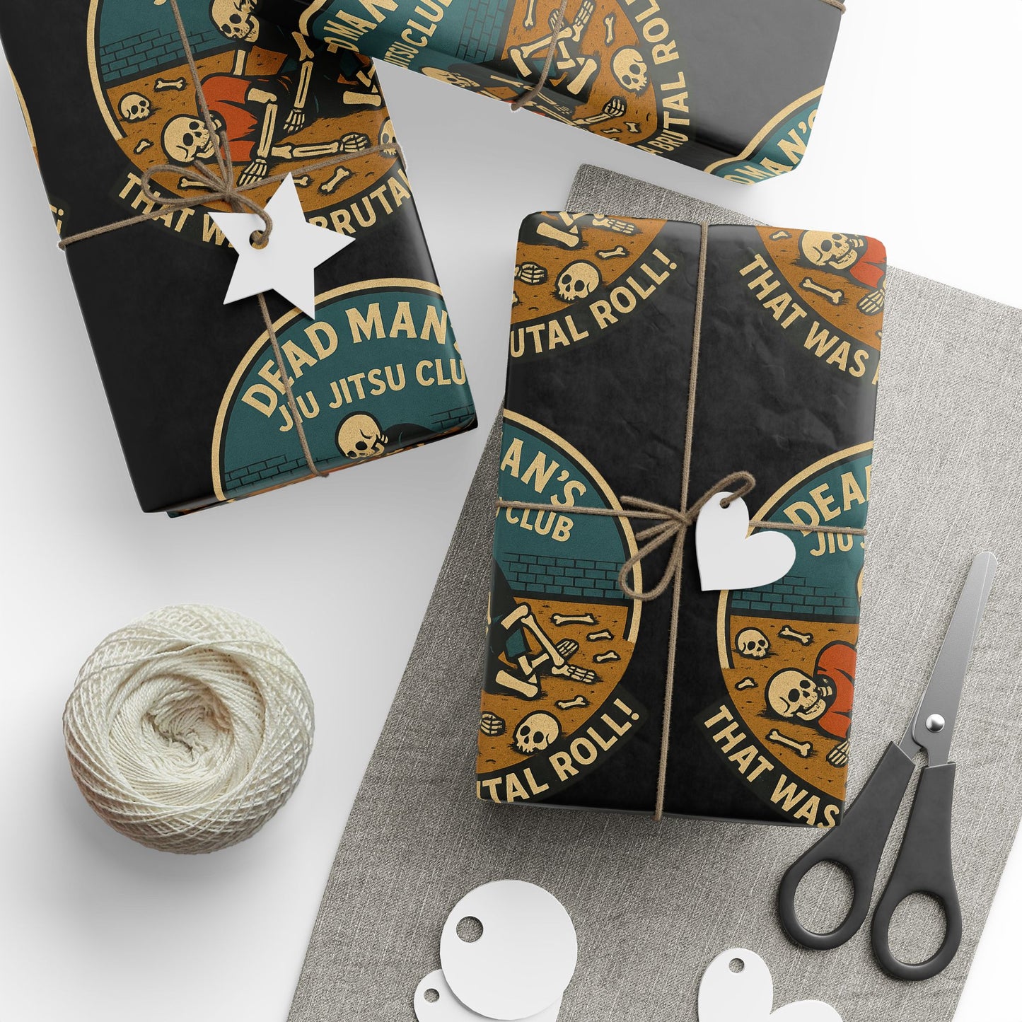 Dead Mans Jiu Jitsu Club Wrapping Paper / Black That Was a Brutal Roll Skeleton BJJ Gift Wrap | Funny Martial Arts Paper