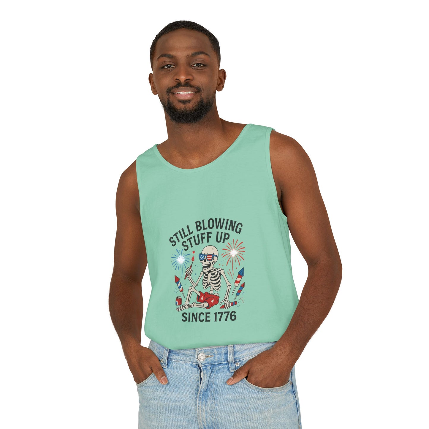 Unisex Still Blowing Stuff Up Since 1776 Tank Top Patriotic Skeleton Fireworks Design
