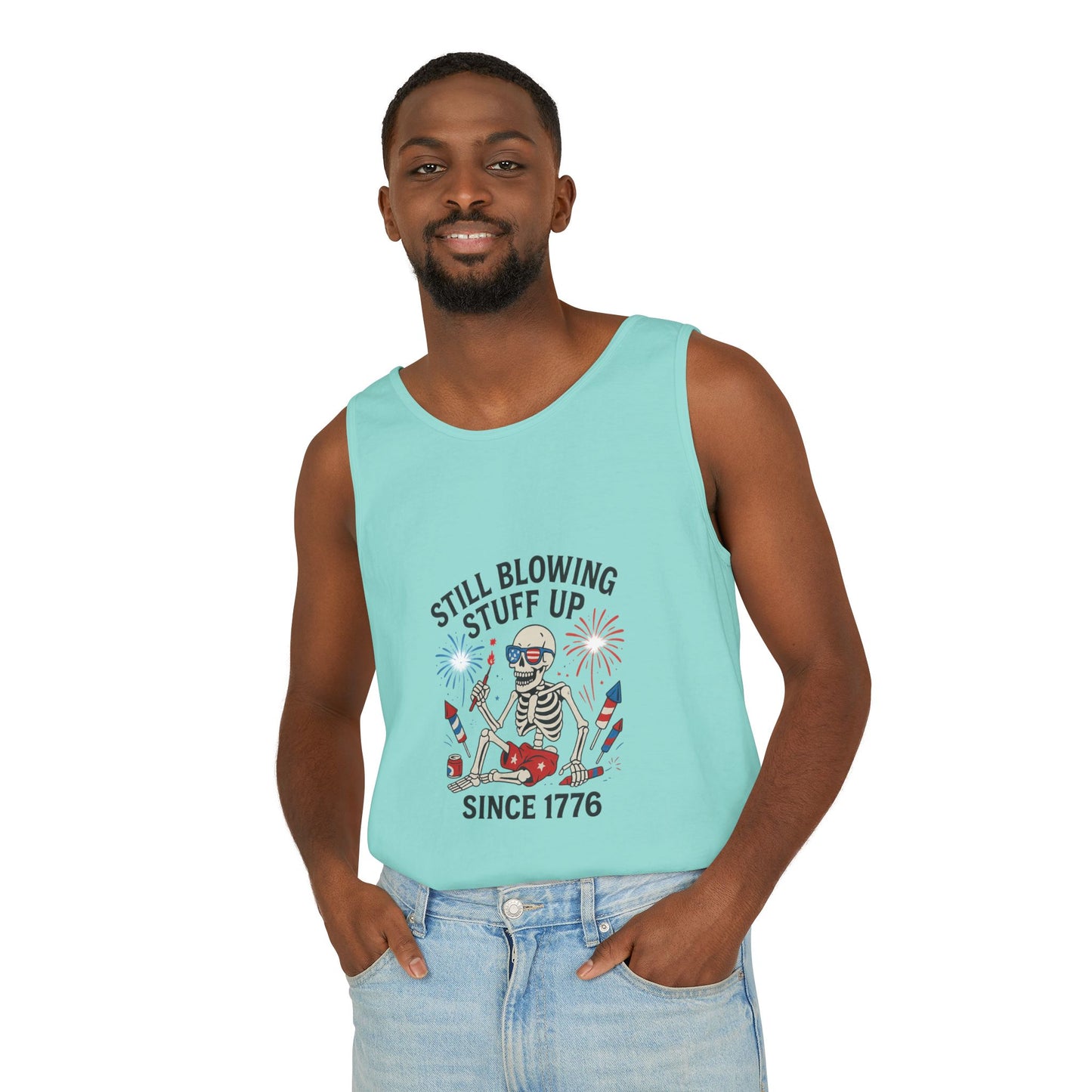 Unisex Still Blowing Stuff Up Since 1776 Tank Top Patriotic Skeleton Fireworks Design