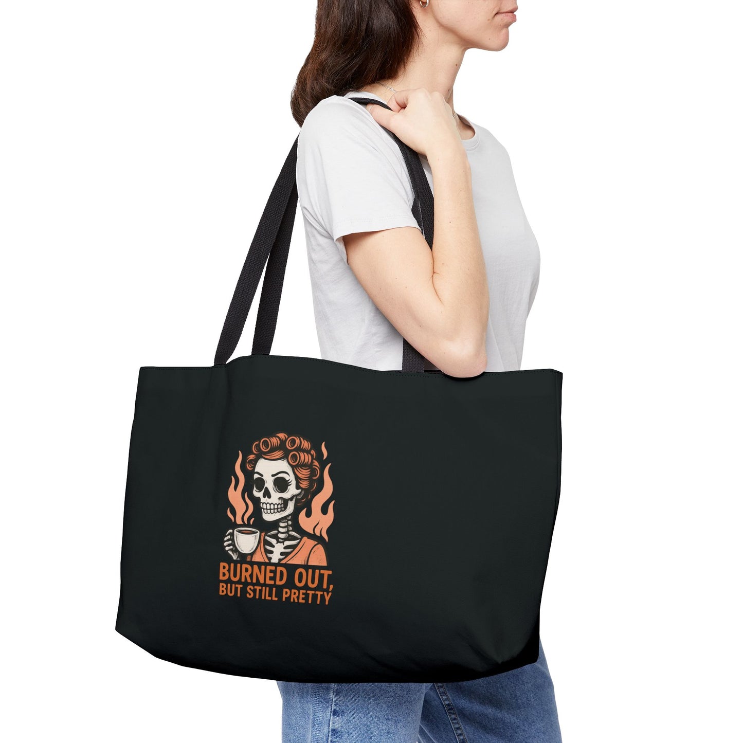 Burned Out But Still Pretty Tote Bag | Funny Skeleton Weekender Bag | Dark Humor Beach Tote | Sarcastic Gift for Women, Burned Out Tote Bag