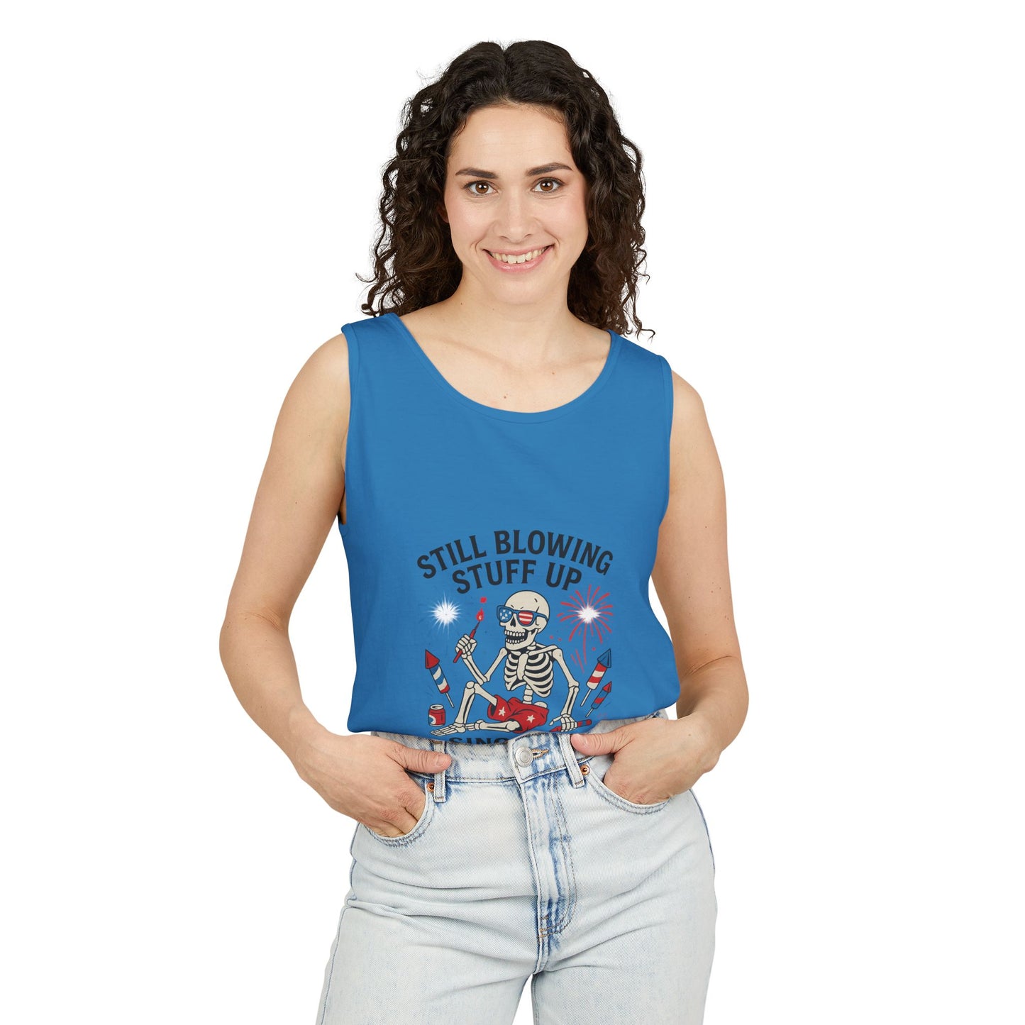 Unisex Still Blowing Stuff Up Since 1776 Tank Top Patriotic Skeleton Fireworks Design