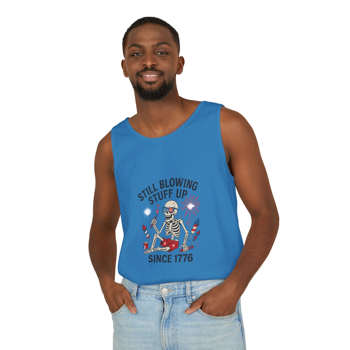 Unisex Still Blowing Stuff Up Since 1776 Tank Top Patriotic Skeleton Fireworks Design
