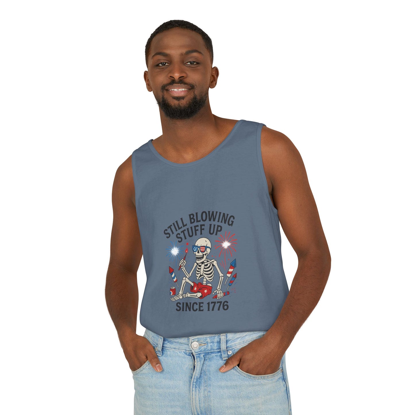 Unisex Still Blowing Stuff Up Since 1776 Tank Top Patriotic Skeleton Fireworks Design