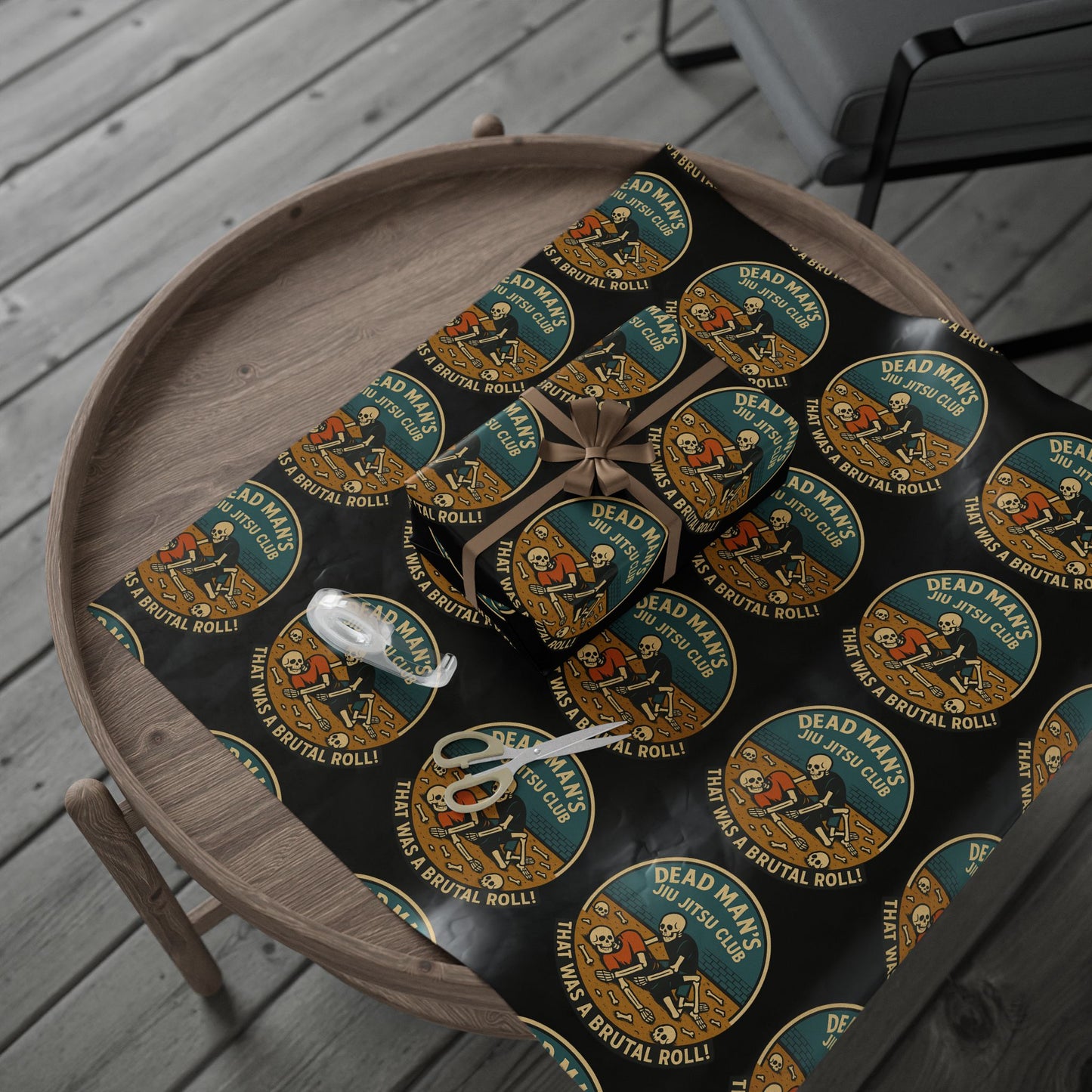 Dead Mans Jiu Jitsu Club Wrapping Paper / Black That Was a Brutal Roll Skeleton BJJ Gift Wrap | Funny Martial Arts Paper