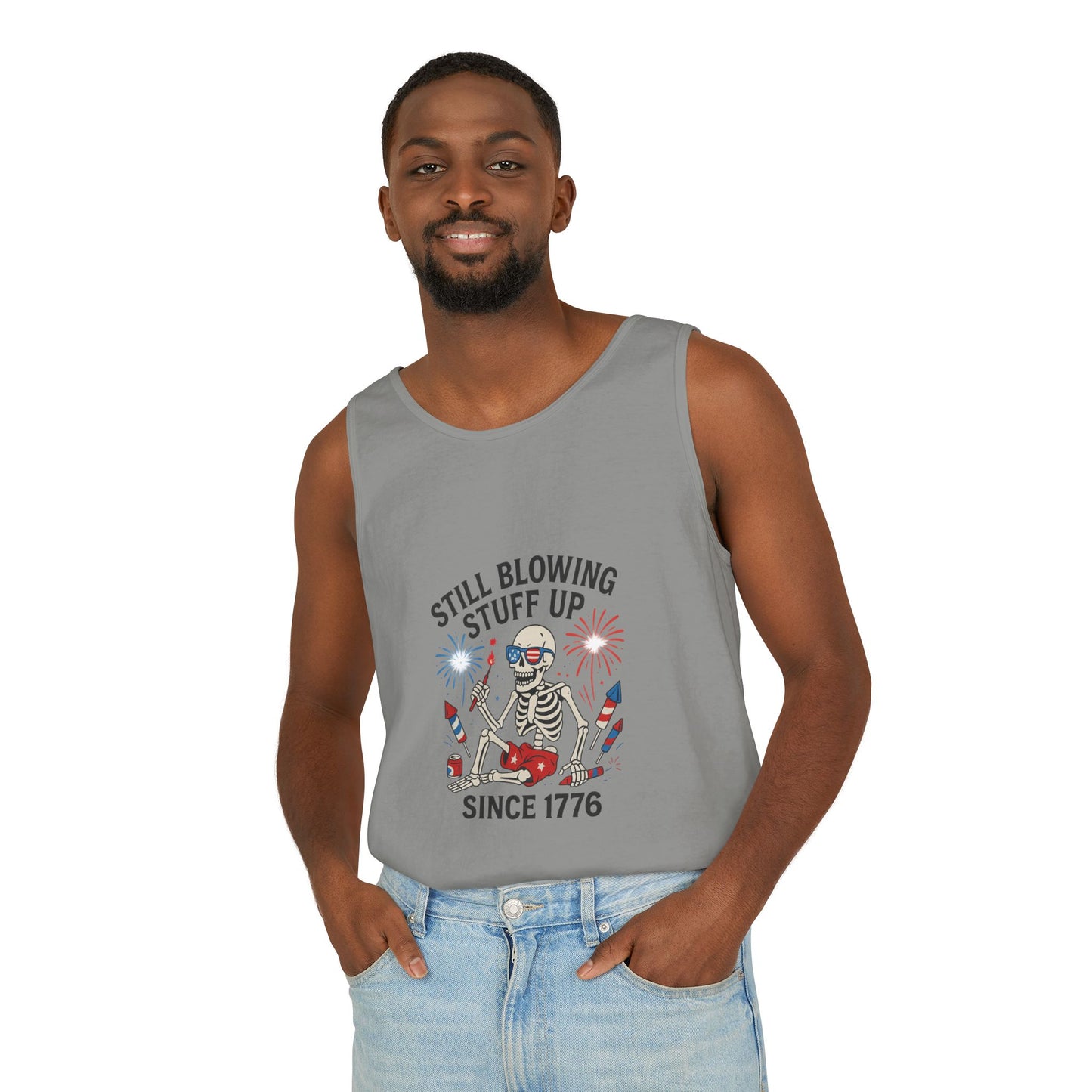 Unisex Still Blowing Stuff Up Since 1776 Tank Top Patriotic Skeleton Fireworks Design
