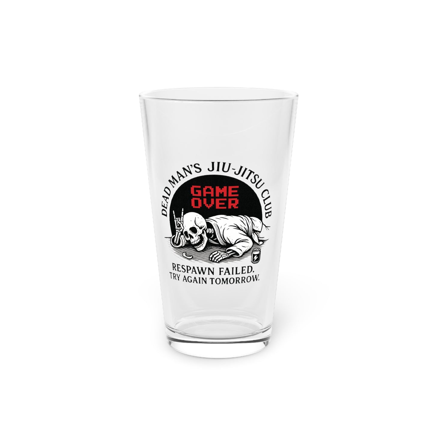 Dead Mans Jiu Jitsu Club Pint Glass / Game Over | Funny BJJ Skeleton Design, Jiu Jitsu Themed Pint Glass, Game Over Skull Drinkware