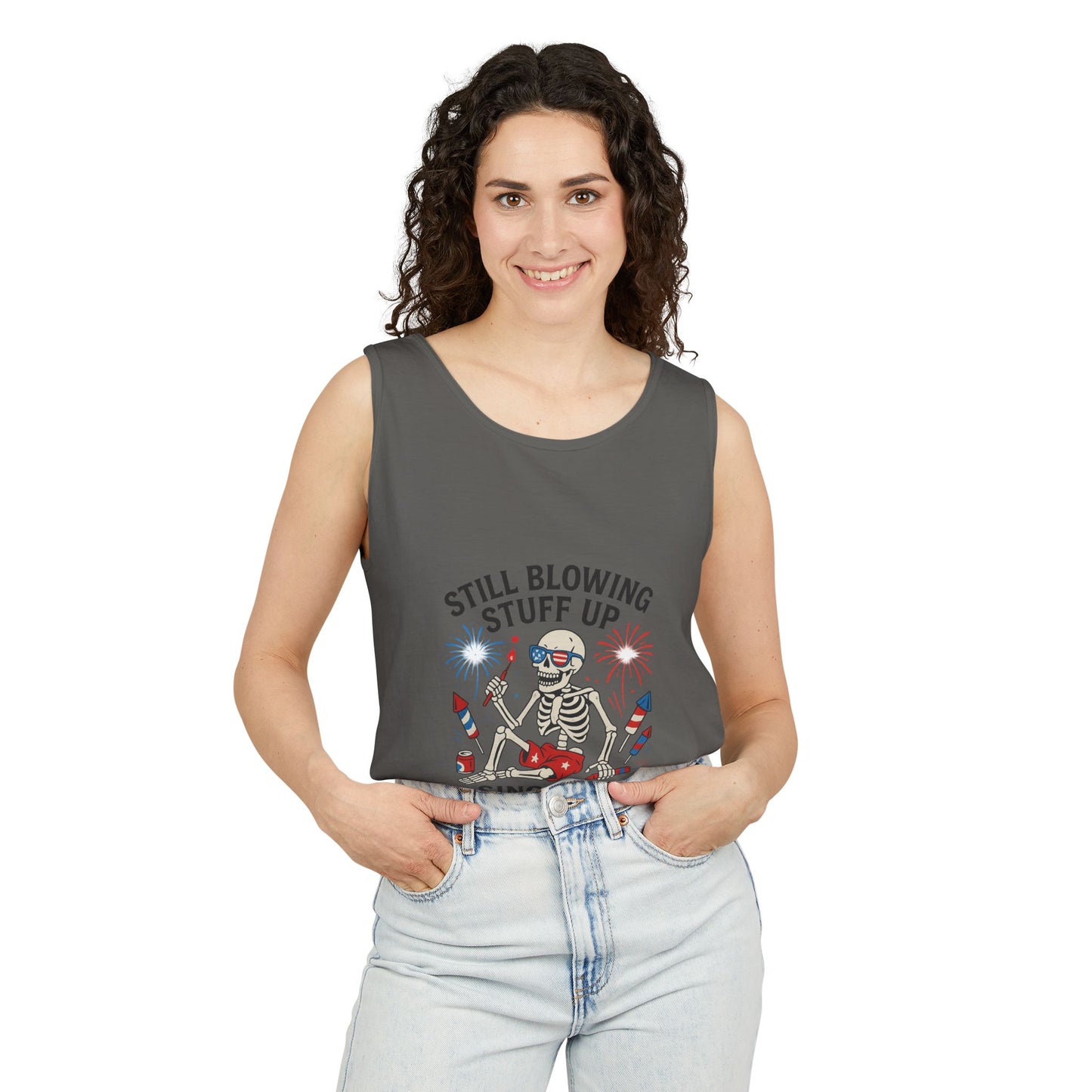 Unisex Still Blowing Stuff Up Since 1776 Tank Top Patriotic Skeleton Fireworks Design
