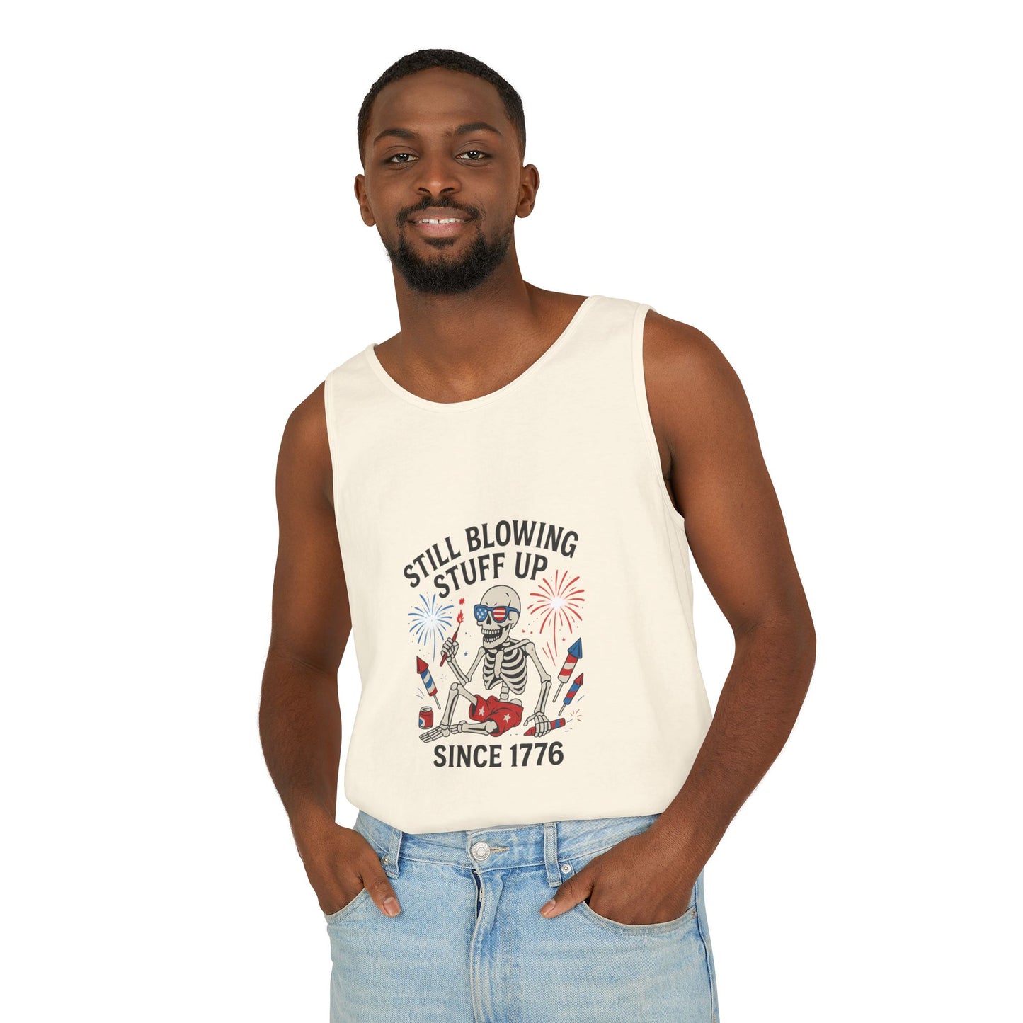 Unisex Still Blowing Stuff Up Since 1776 Tank Top Patriotic Skeleton Fireworks Design