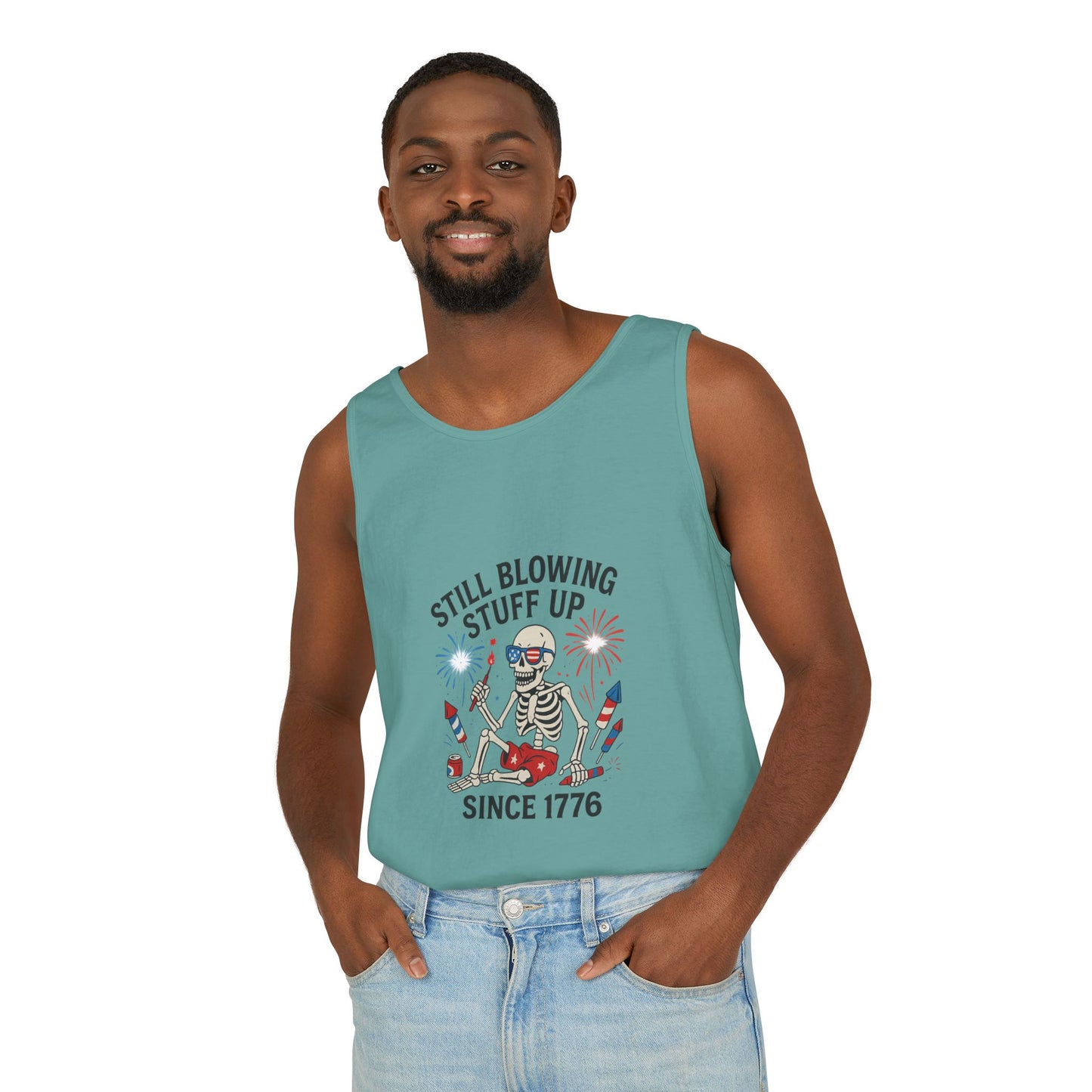 Unisex Still Blowing Stuff Up Since 1776 Tank Top Patriotic Skeleton Fireworks Design