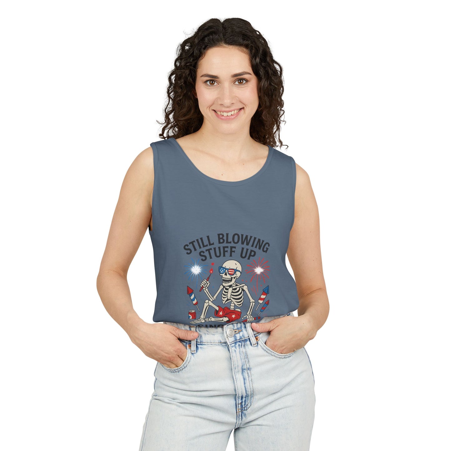 Unisex Still Blowing Stuff Up Since 1776 Tank Top Patriotic Skeleton Fireworks Design
