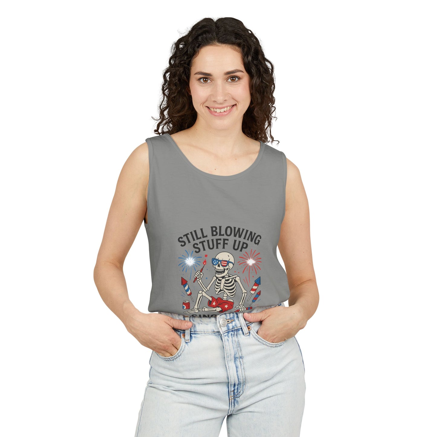 Unisex Still Blowing Stuff Up Since 1776 Tank Top Patriotic Skeleton Fireworks Design