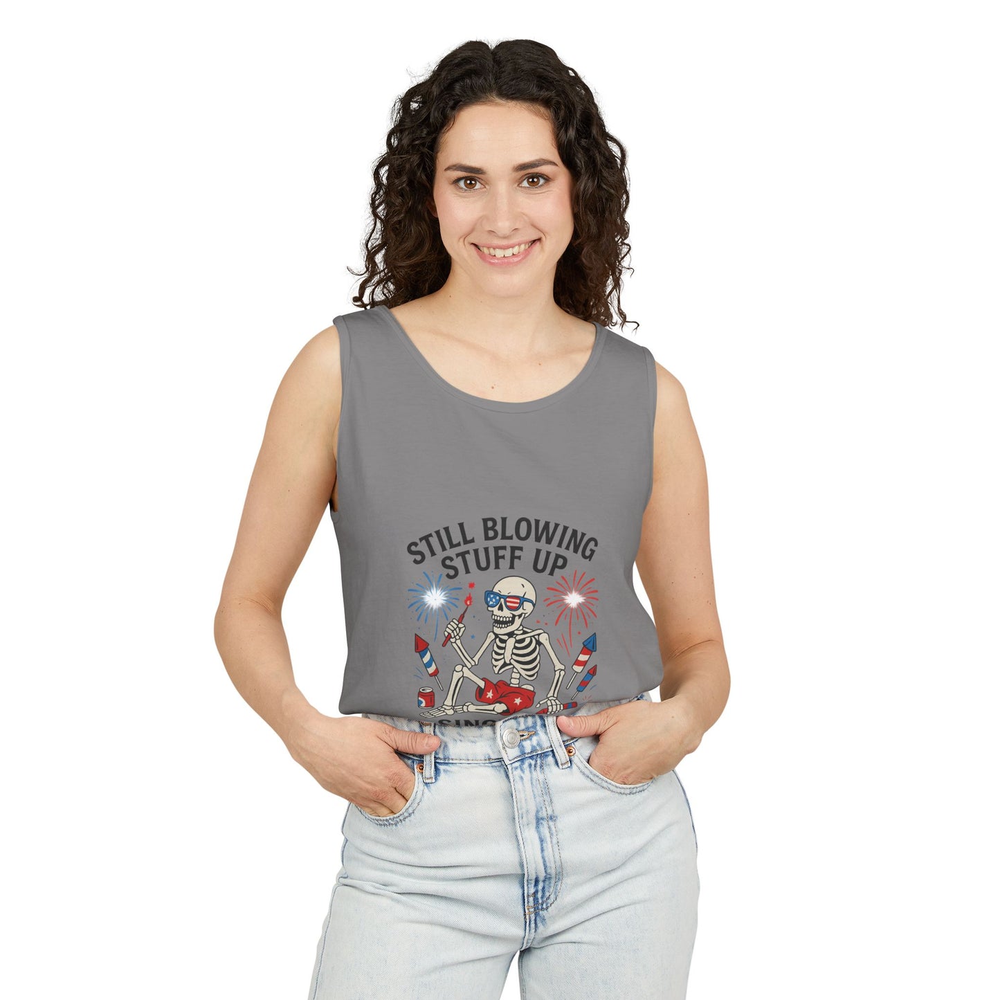 Unisex Still Blowing Stuff Up Since 1776 Tank Top Patriotic Skeleton Fireworks Design